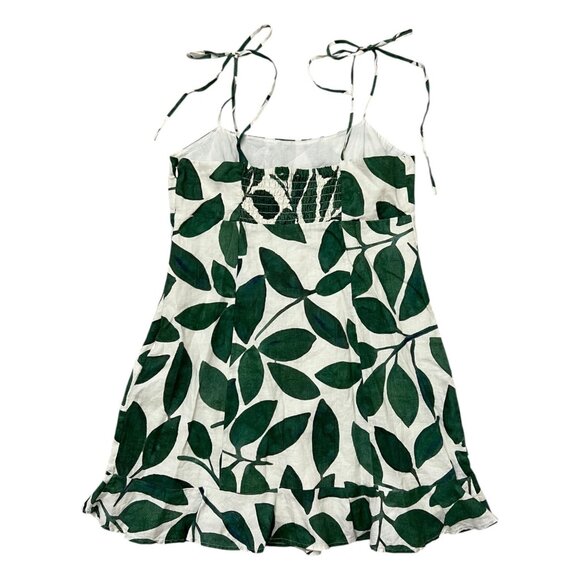 And Other Stories Leaf Print Linen Mini Babydoll Dress Green 10 Resort Coastal - Picture 2 of 11
